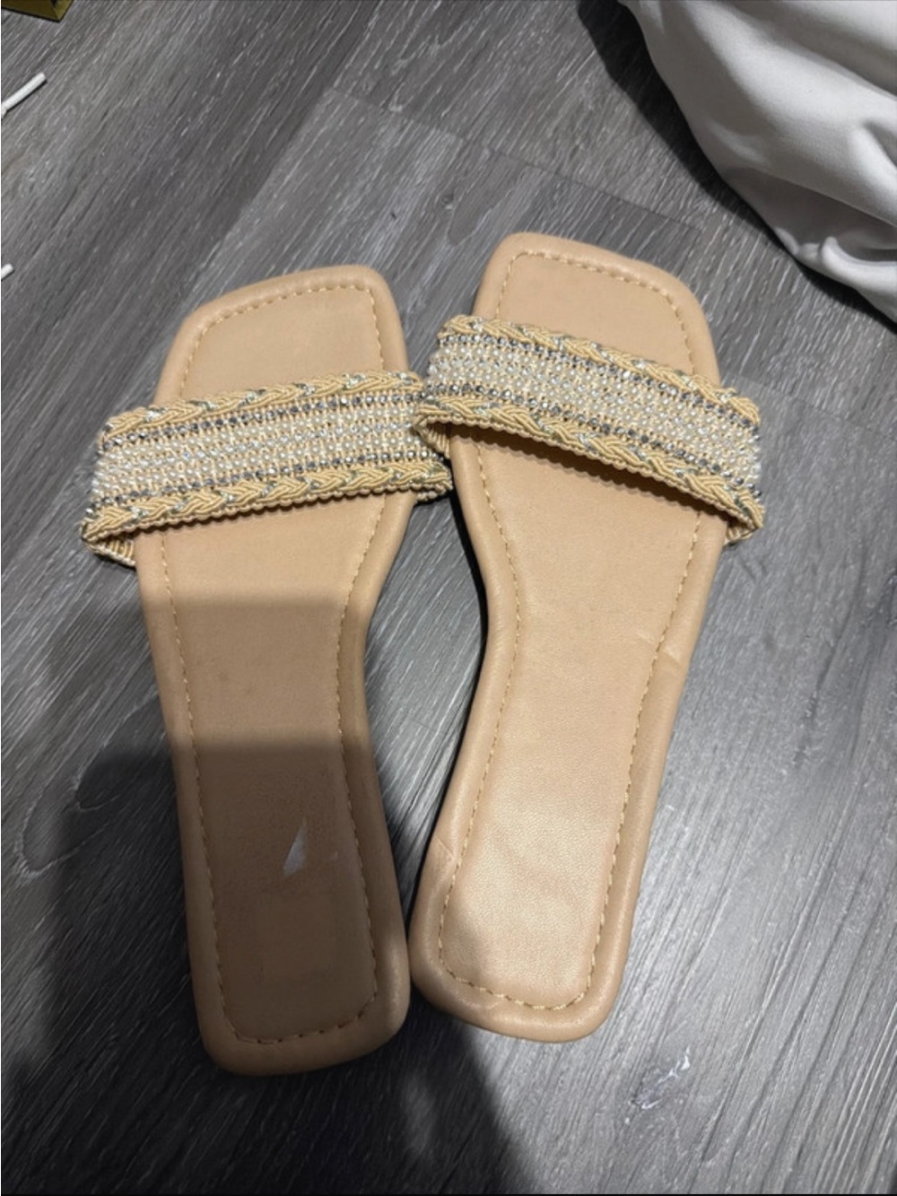 Neutral Beige Embellished Strap Slide Sandals - Women